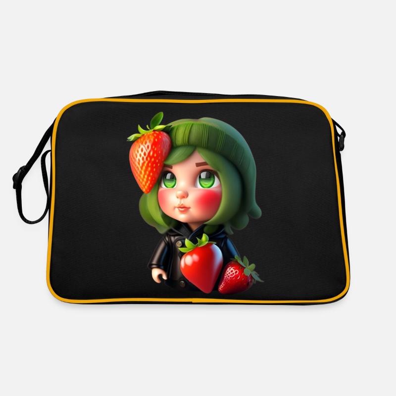 Puppe mit Erdbeeren - Retro Tasche - Schwarz/Gold