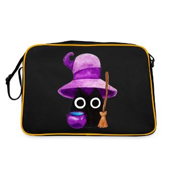 Hexenhafte schwarze Katze mit einem großen lila Hut Aquarell - Retro Tasche - Schwarz/Gold - Hinten
