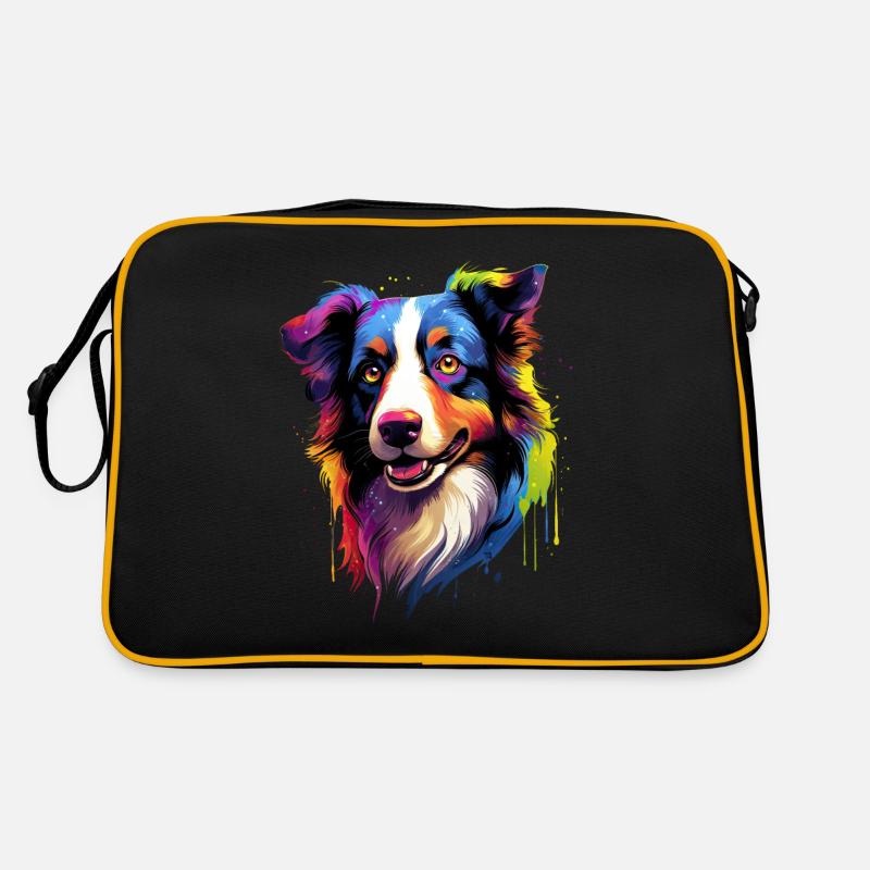 bunter Border Collie Hundekopf - Retro Tasche - Schwarz/Gold