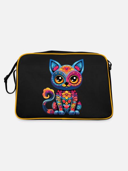 Dia De los Muertos Cat Meowtos Colorful Flowers - Retro Bag - black/gold - Back