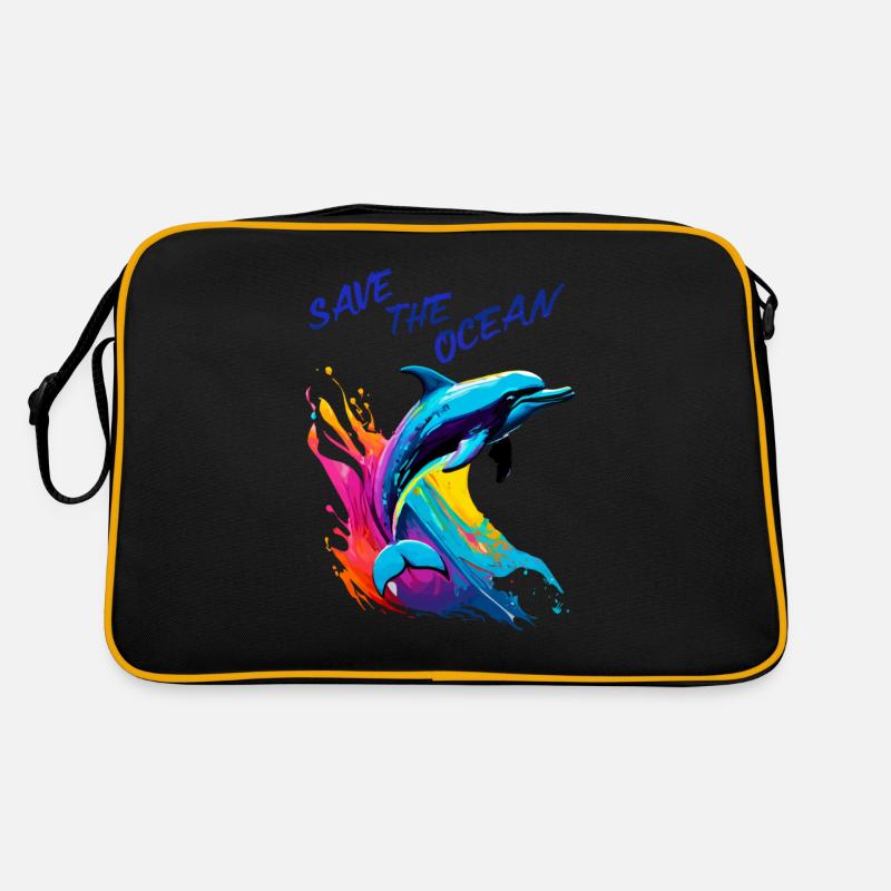 Rettet den Ozean. Delfin - Retro Tasche - Schwarz/Gold