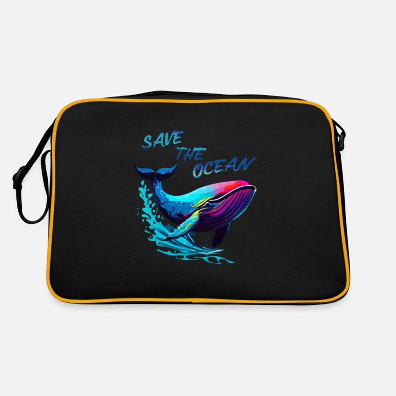 Rettet den Ozean. Wal - Retro Tasche - Schwarz/Gold