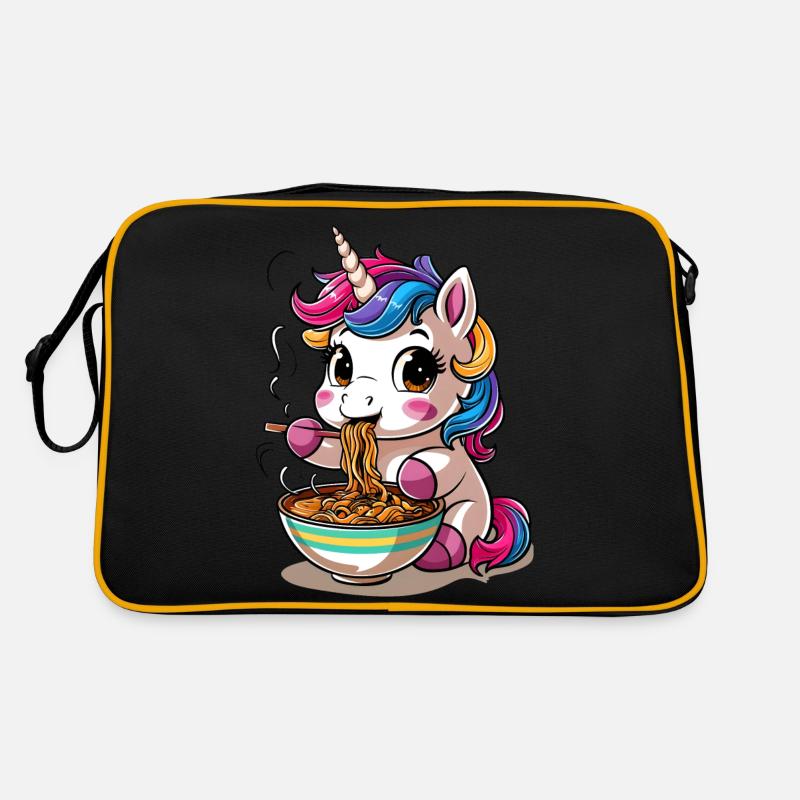 Licorne mignonne mangeant des ramen - Sac Retro - noir/or