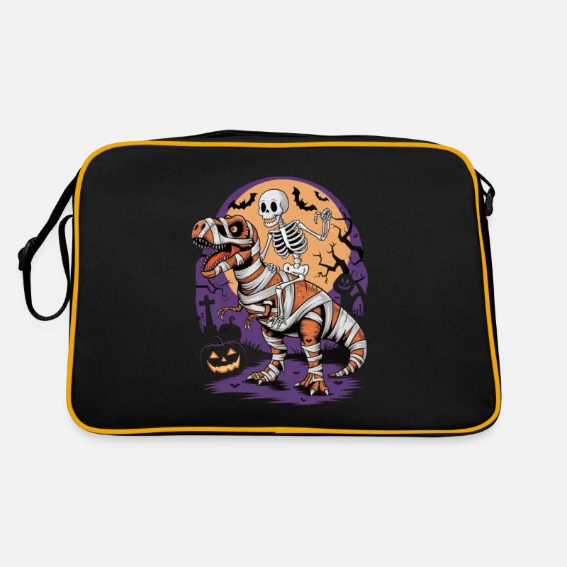 Skelett reitet einen Dinosaurier an Halloween - Retro Tasche - Schwarz/Gold