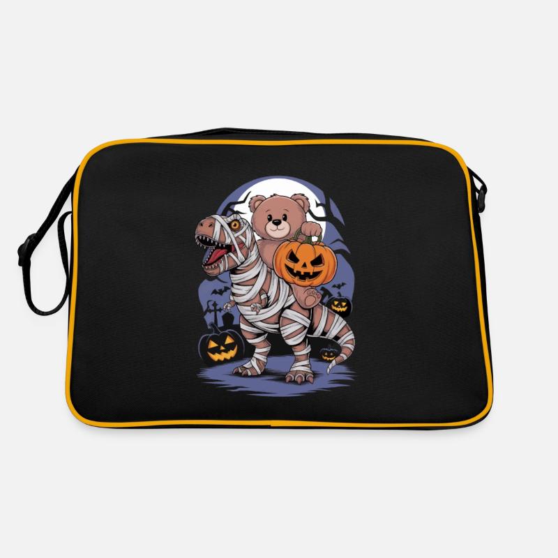 Teddybär reitet einen Dinosaurier an Halloween - Retro Tasche - Schwarz/Gold