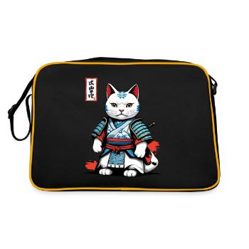 Samurai Katze in Japanischem Samurai Kunstwerk - Retro Tasche - Schwarz/Gold - Hinten