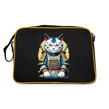 Samurai Katze Japanisches Samurai Kunstwerk Design - Retro Tasche - Schwarz/Gold - Hinten