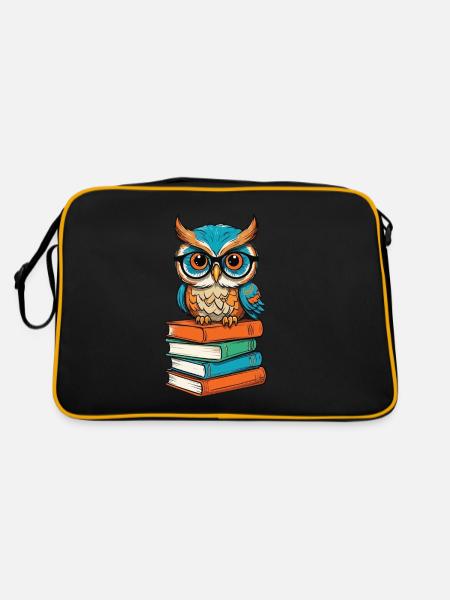 Bücher Eule Lustiger Buch Liebhaber Illustration - Retro Tasche - Schwarz/Gold - Hinten