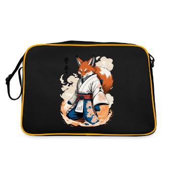 Kitsune Samurai Fuchs Vintage Ukiyo-e Stil - Retro Tasche - Schwarz/Gold - Hinten
