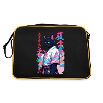 Samurai Katze Vaporwave Aesthetic Samurai Kunst - Retro Tasche - Schwarz/Gold - Hinten