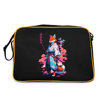 Kitsune Samurai Fuchs Aesthetic Vaporwave Stil - Retro Tasche - Schwarz/Gold - Hinten