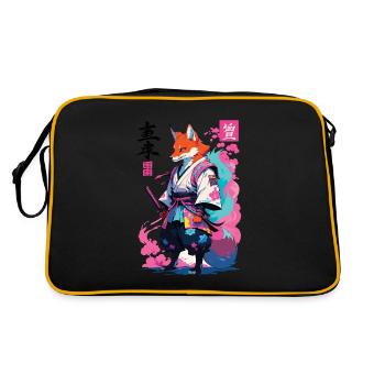 Kitsune Samurai Fuchs Aesthetic Vaporwave Stil - Retro Tasche - Schwarz/Gold - Hinten