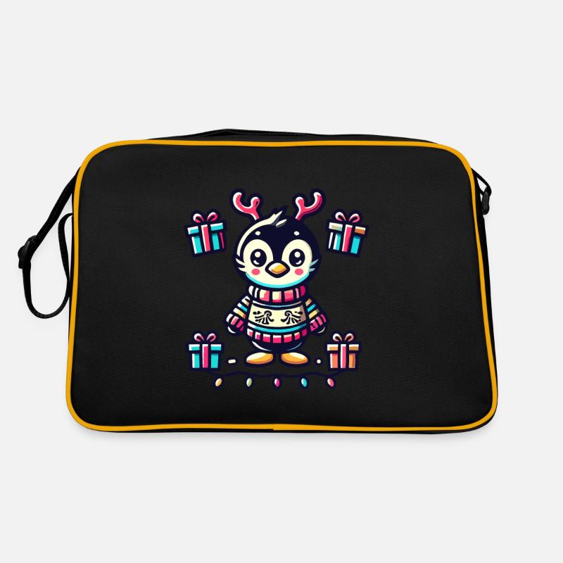 Süßer Pinguin Mit Rentiergeweih Und Geschenken - Retro Tasche - Schwarz/Gold