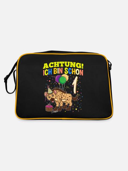 Achtung Ich Bin Schon 1 Tier Geburtstag Hyäne - Retro Tasche - Schwarz/Gold - Hinten