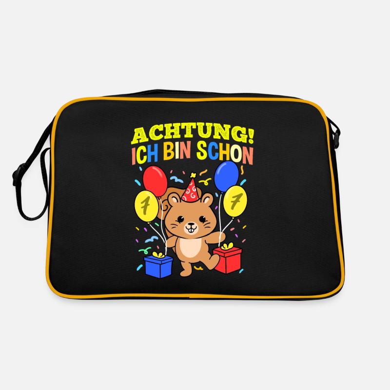Achtung Ich Bin Schon 7 Geburtstag Eichhörnchen - Retro Tasche - Schwarz/Gold