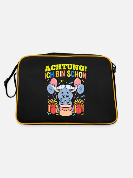 Achtung Ich Bin Schon 3 Geburtstag Gnu - Retro Tasche - Schwarz/Gold - Hinten