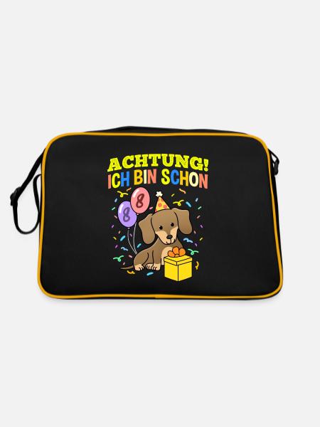 Achtung Ich Bin Schon 8 Geburtstag Dackel - Retro Tasche - Schwarz/Gold - Hinten