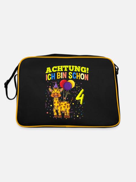 Achtung Ich Bin Schon 4 Zoo Geburtstag Giraffe - Retro Tasche - Schwarz/Gold