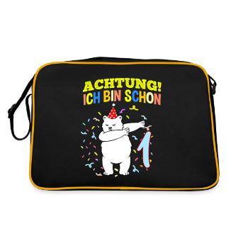 Achtung Ich Bin Schon 1 Geburtstag Eisbär - Retro Tasche - Schwarz/Gold - Hinten