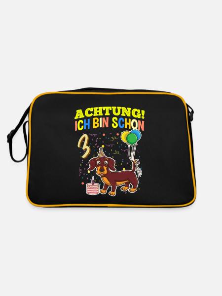 Achtung Ich Bin Schon 3 Tier Geburtstag Dackel - Retro Tasche - Schwarz/Gold - Hinten