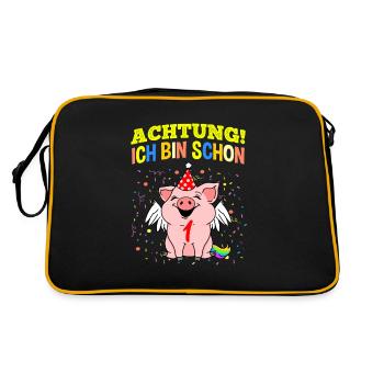 Achtung Ich Bin Schon 1 Geburtstag Schwein - Retro Tasche - Schwarz/Gold - Hinten