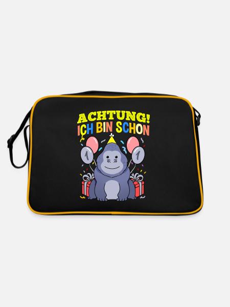 Achtung Ich Bin Schon 1 Tier Geburtstag Gorilla - Retro Tasche - Schwarz/Gold - Hinten