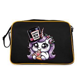 Neujahr Sylvester Einhorn Süß Comic Happy New Year - Retro Tasche - Schwarz/Gold - Hinten