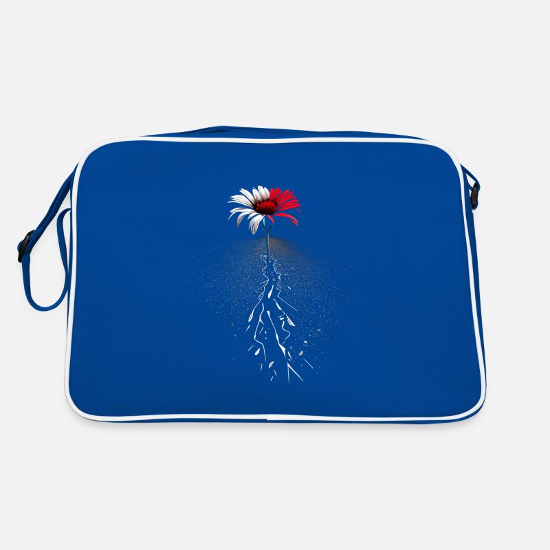 Red white flower breaks through the asphalt road Retro Bag