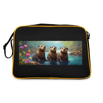 Otter family otters in the water - Retro Bag - black/gold - Back