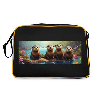 Otter family otters in the water - Retro Bag - black/gold - Back