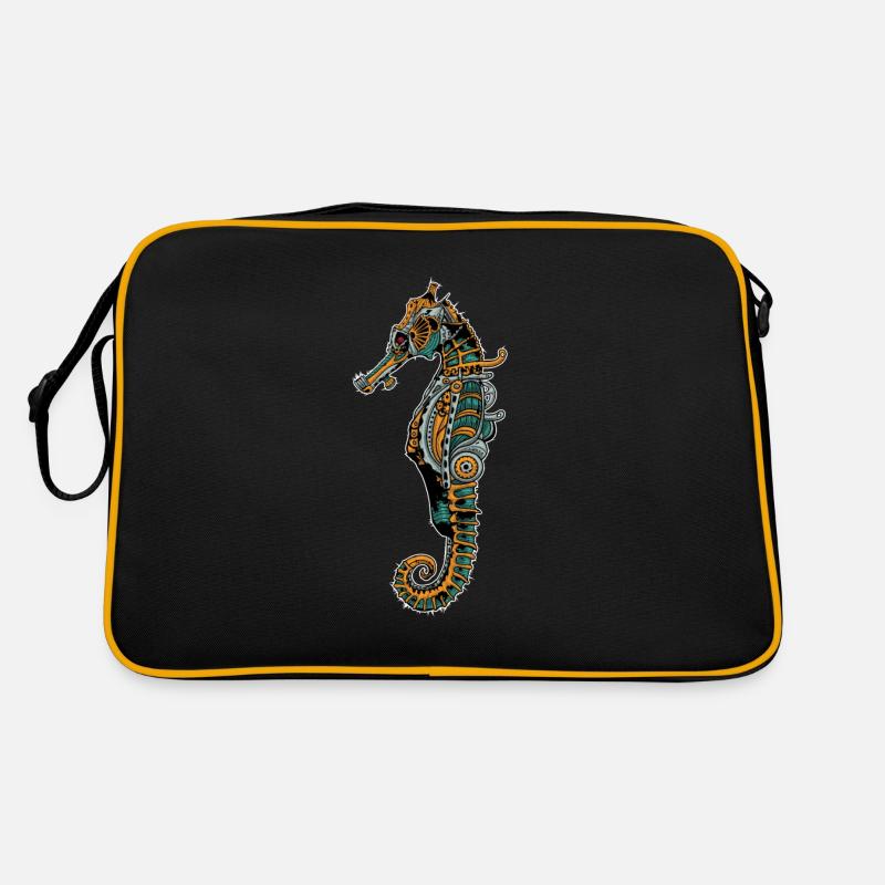 Mechanisches Seepferdchen Meerestier Motiv - Retro Tasche - Schwarz/Gold