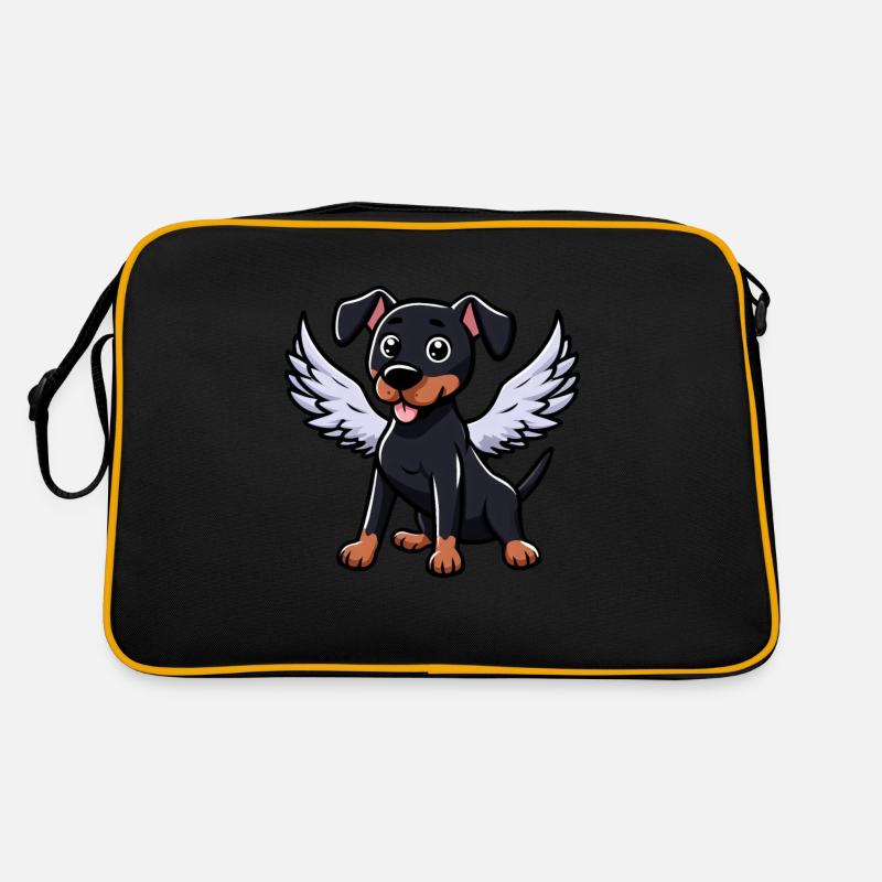 Engel Dobermann, Comic-Hund, Süße Illustration - Retro Tasche - Schwarz/Gold