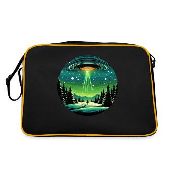 Grünes UFO, Abstrakte Entführung, Winterlandschaft - Retro Tasche - Schwarz/Gold - Hinten