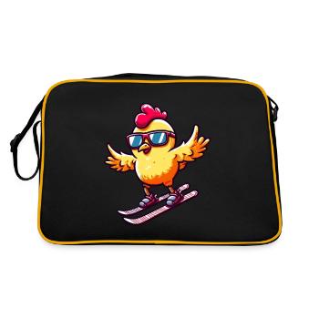 Ski fahrendes Huhn im Winterurlaub - Retro Tasche - Schwarz/Gold - Hinten