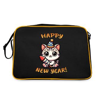 Neujahr Sylvester Katze Rakete Süß Comic Happy New - Retro Tasche - Schwarz/Gold - Hinten