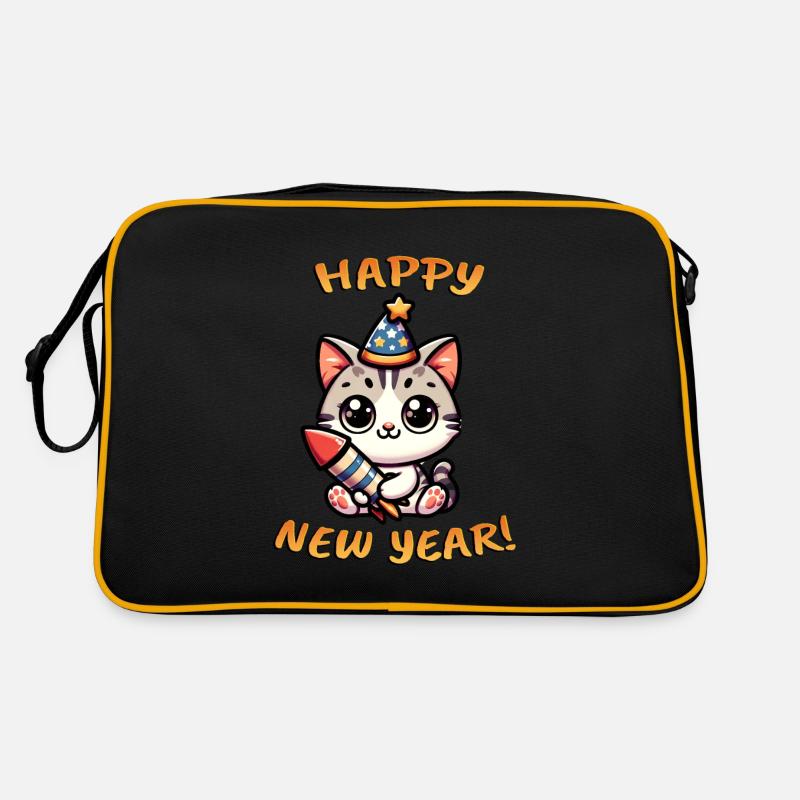 Neujahr Sylvester Katze Rakete Süß Comic Happy New Retro Tasche