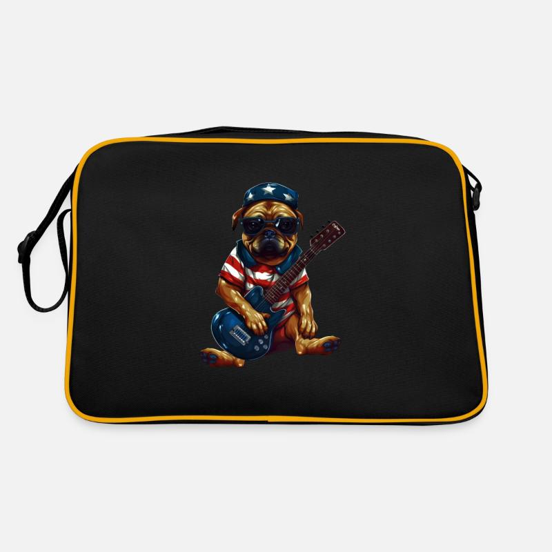 Rockender Mops-Gitarrist mit US-Flagge – Retro Tasche