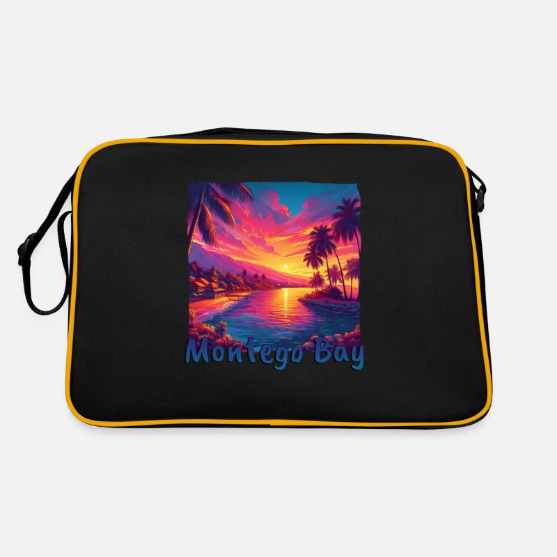 Montego Bay Jamaika Sunset in Violett - Retro Tasche - Schwarz/Gold