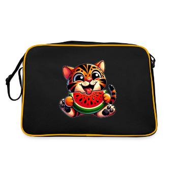 Bengalkatze Tiger Mit Wassermelone Fruchtig - Retro Tasche - Schwarz/Gold - Hinten