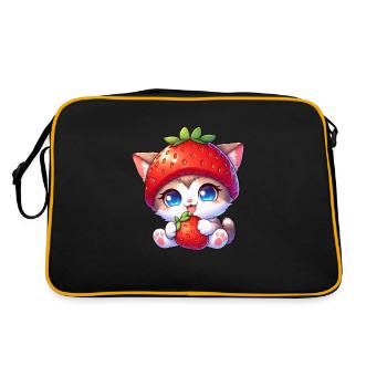 Katze mit Erdbeerhut süß fruchtig skurril - Retro Tasche - Schwarz/Gold - Hinten