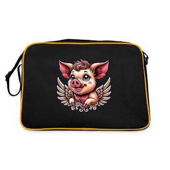 Schwein Engel Flügel Heiligenschein Ornamente - Retro Tasche - Schwarz/Gold - Hinten