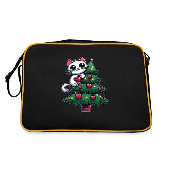 Süße Katze Weihnachten Comic Tannenbaum - Retro Tasche - Schwarz/Gold - Hinten