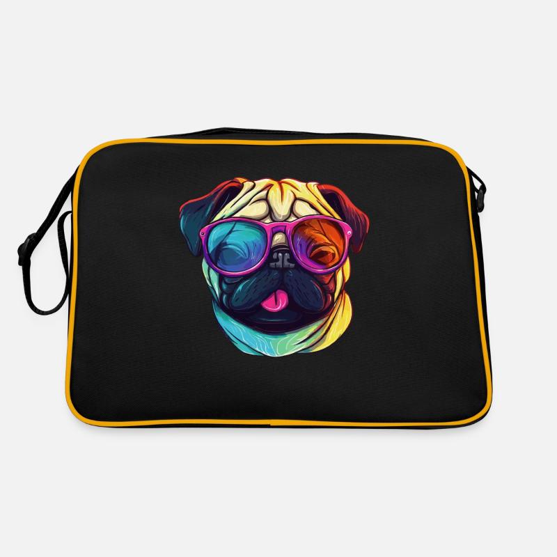 Mops Hund mit bunter Sonnenbrille - Retro Tasche - Schwarz/Gold