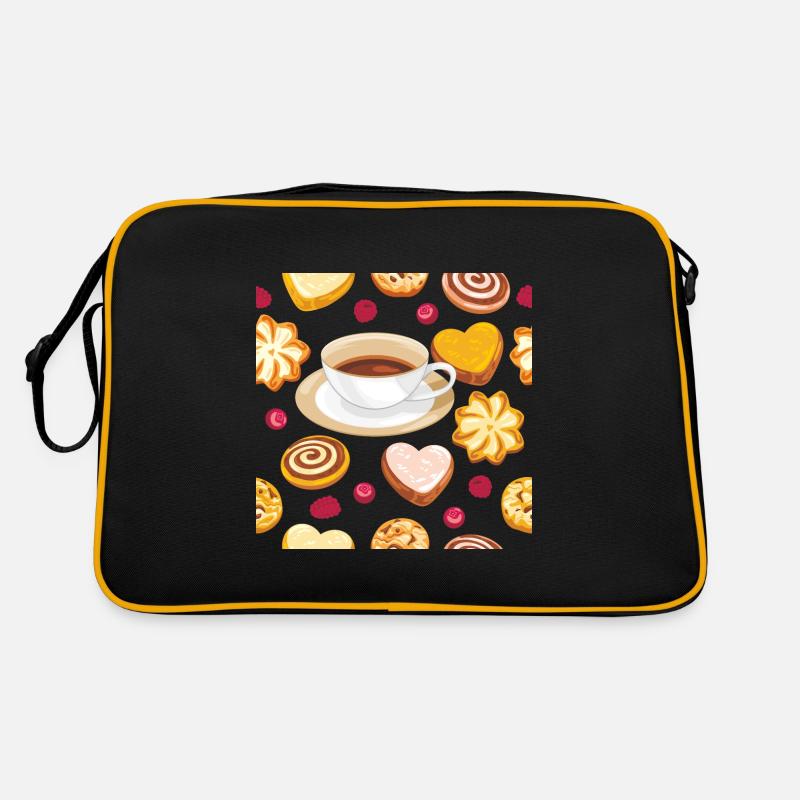 Nahtloses Muster mit Keksen, Beeren und Kaffee - Retro Tasche - Schwarz/Gold