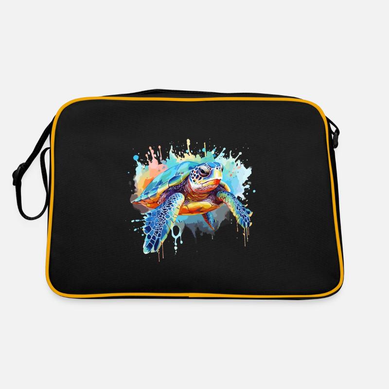 Schildkröte, Aquarellschildkröte, Spritzer - Retro Tasche - Schwarz/Gold