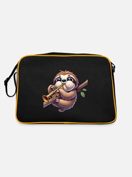 Sloth playing trumpet funny cartoon musician - Retro Bag - black/gold - Back