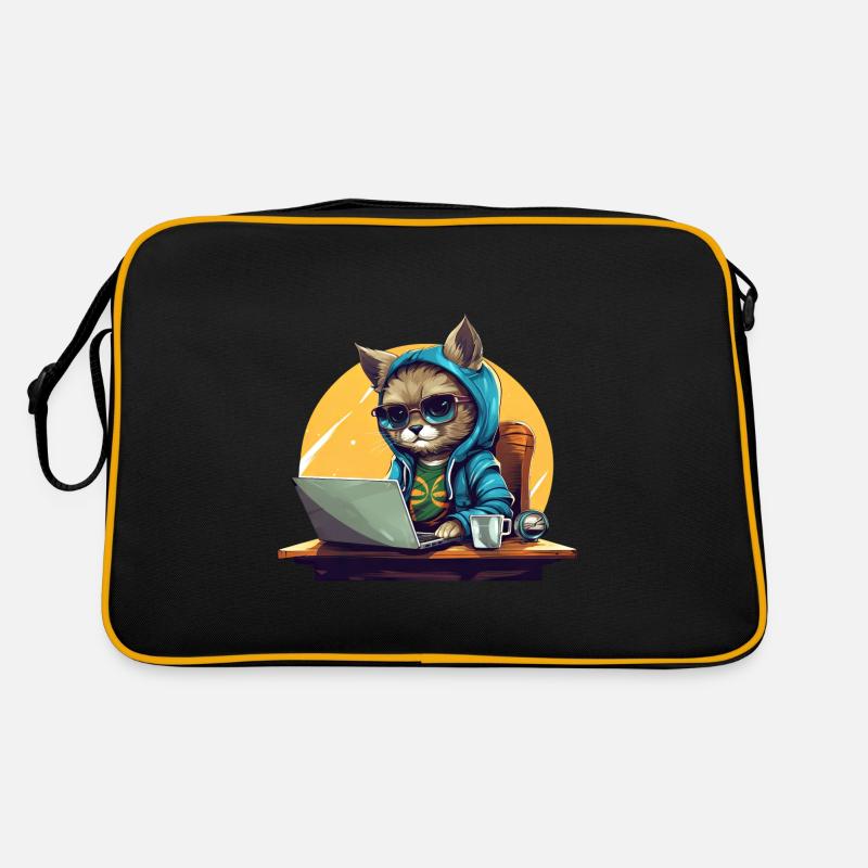 Cooler Katzen-CEO - Start-up-Stimmung mit Laptop - Retro Tasche - Schwarz/Gold