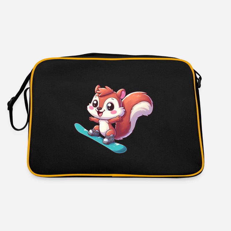 Süßes Eichhörnchen, Comic Snowboarder, Winterurlau - Retro Tasche - Schwarz/Gold