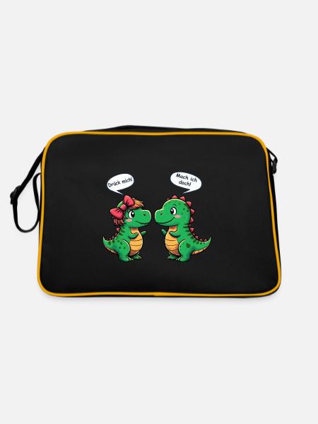 Niedliche T-Rex Dinos - Drück mich! - Lustiges - Retro Tasche - Schwarz/Gold - Hinten