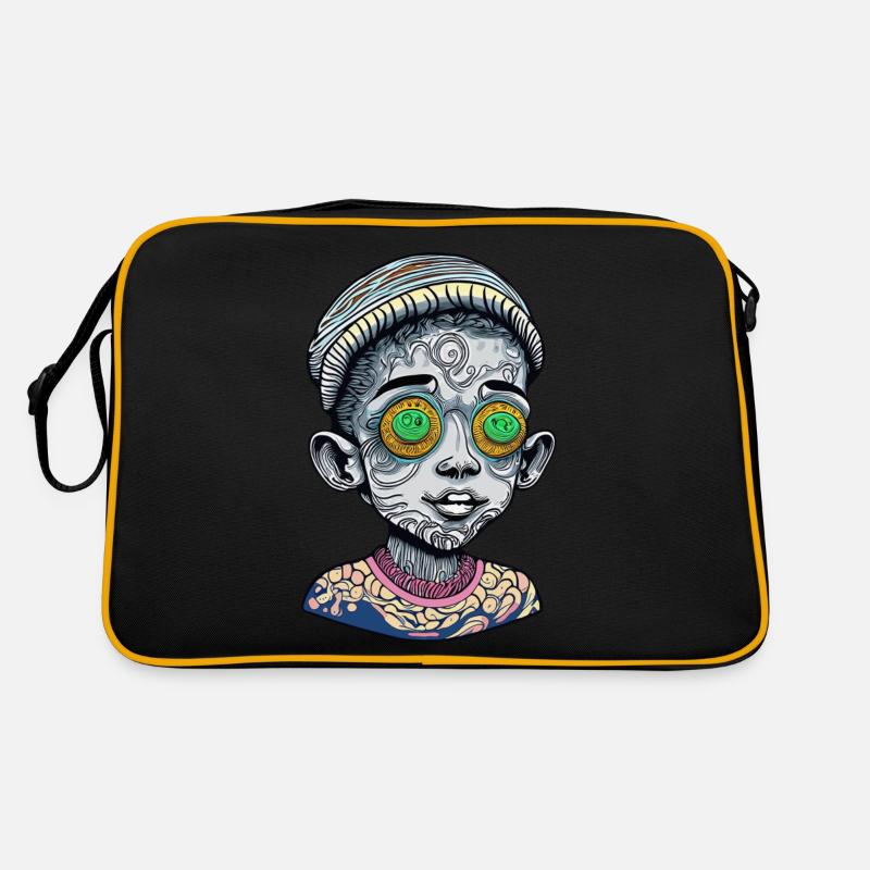 Psychedelic Colored Kid Face with Strange and Deep - Retro Bag - black/gold